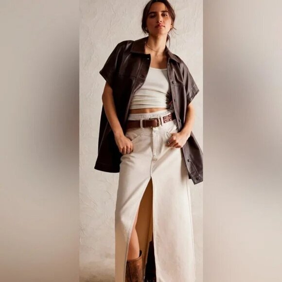 Free People We The Free Come As You Are Denim Maxi Skirt NWT Wisp Ivory Sz 4 - Picture 3 of 9